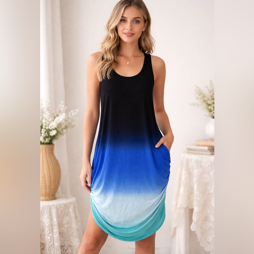 Young Fabulous Beach Swim Cover Up Medium Blue Ruched Stretchy
